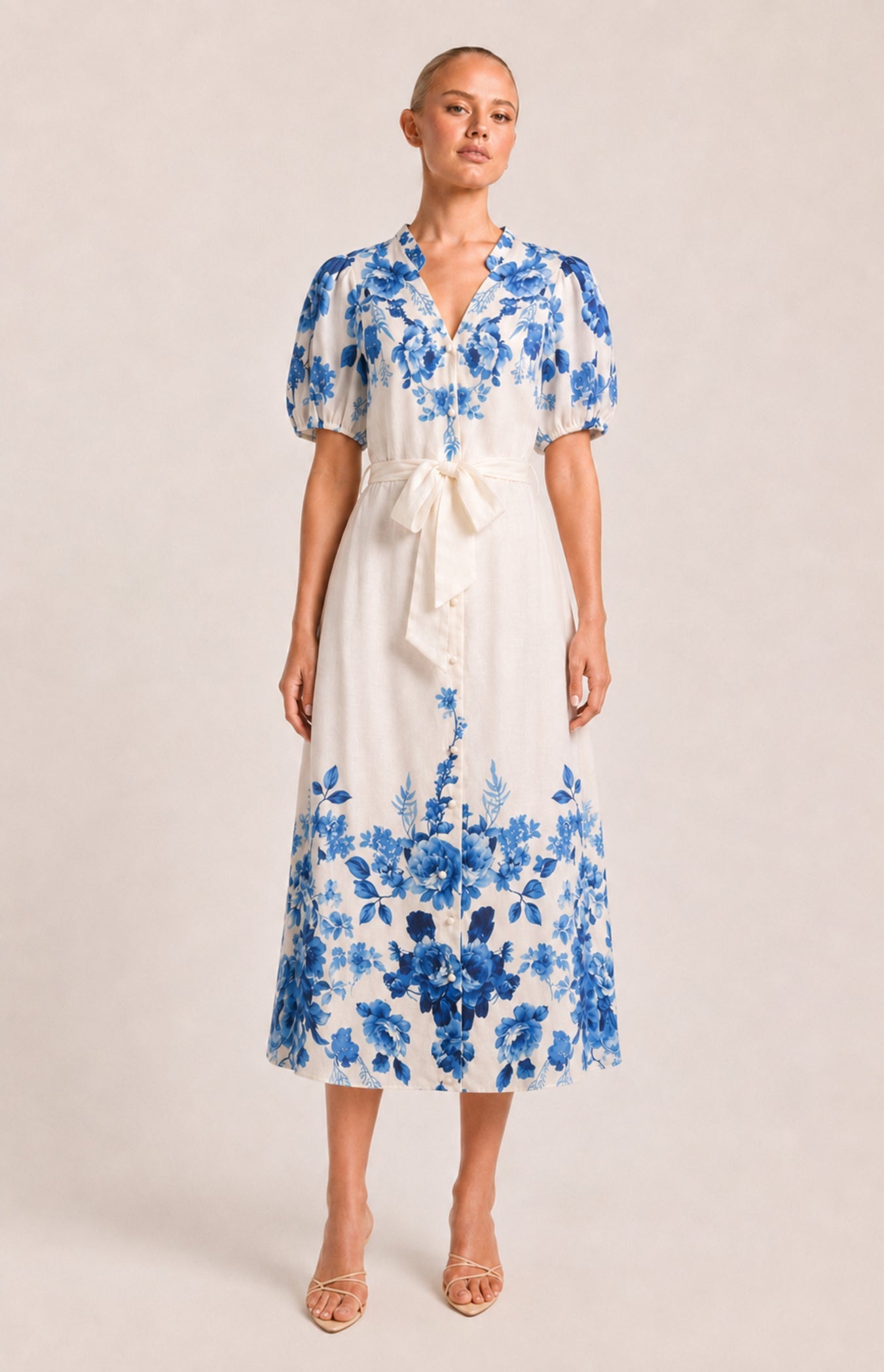 SOGNA blue floral linen-blend belted 42-inch midi dress on W01_v1 model – natural studio view