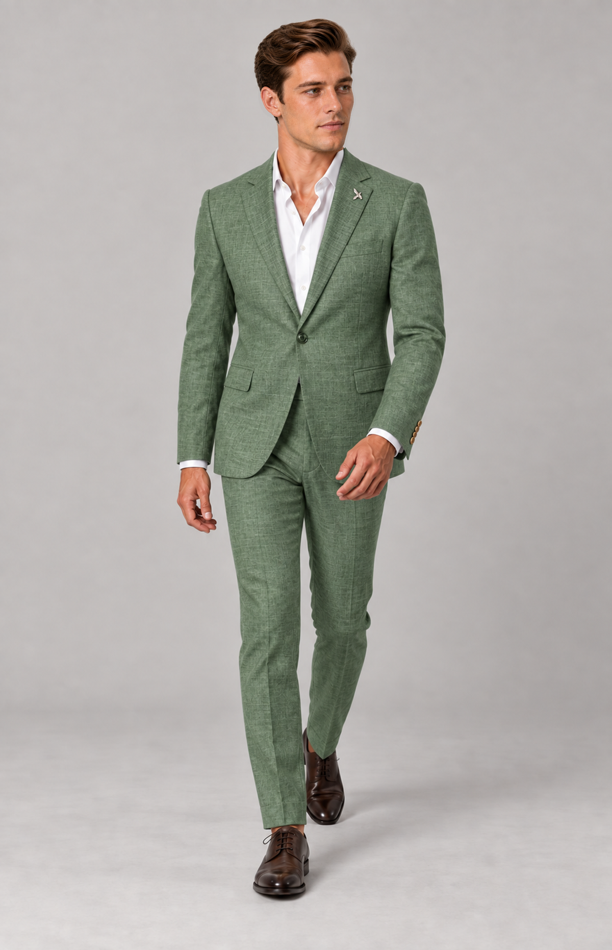 M01 wearing the sage 3061 suit, full-length walking view. Jacket only; other items are styling.