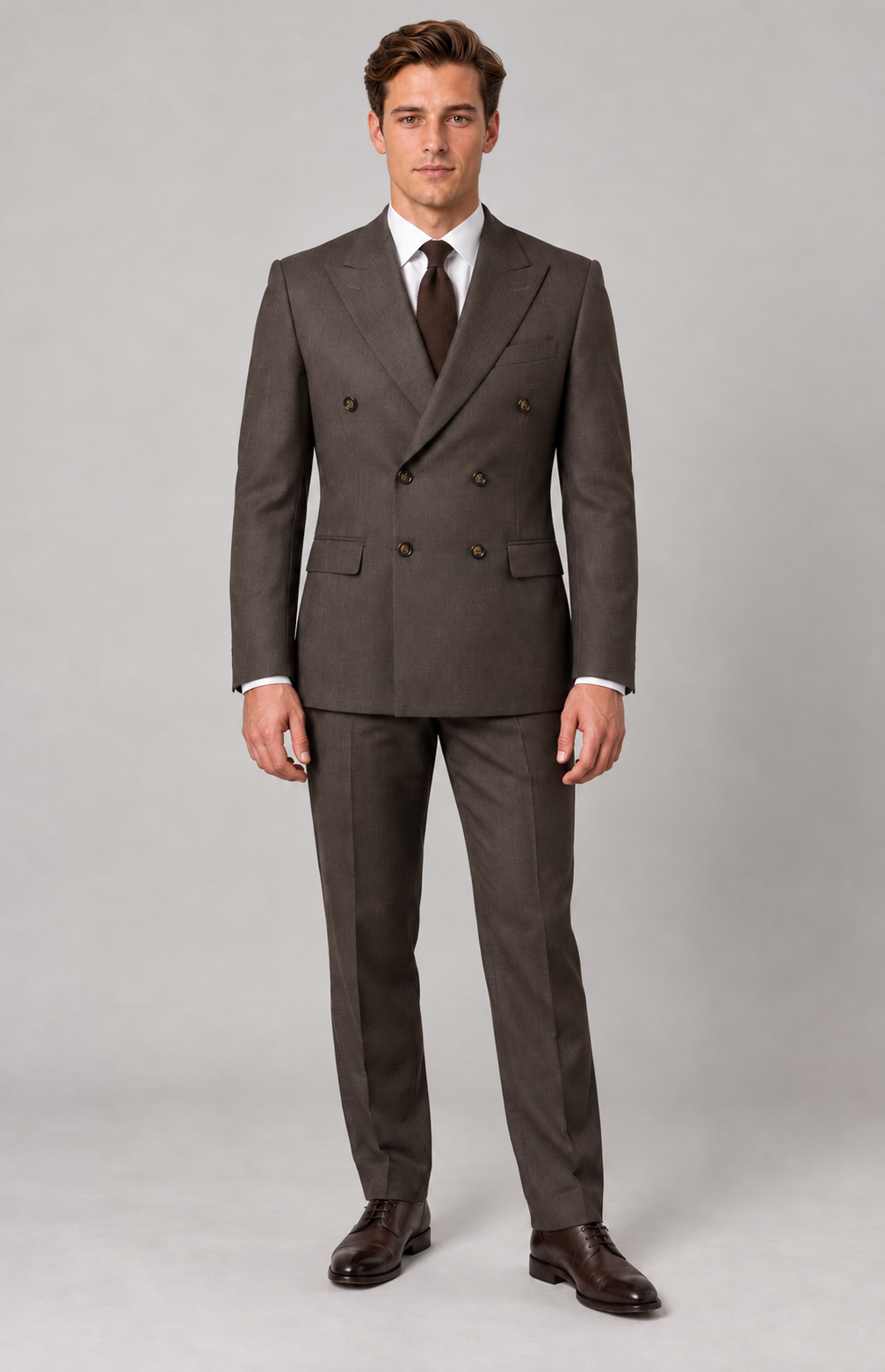 M01 wearing the Tobacco 3424DB double-breasted jacket, full-length standing view. Jacket only; trousers and accessories are styling.