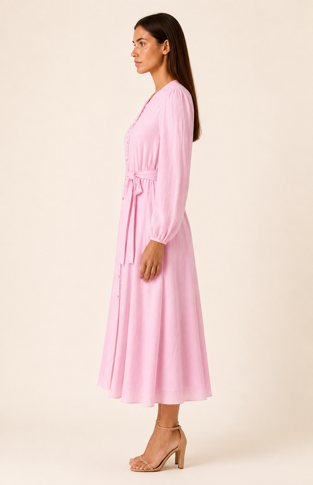 SOGNA 43250922-1 pink belted long-sleeve dress front 45-degree view