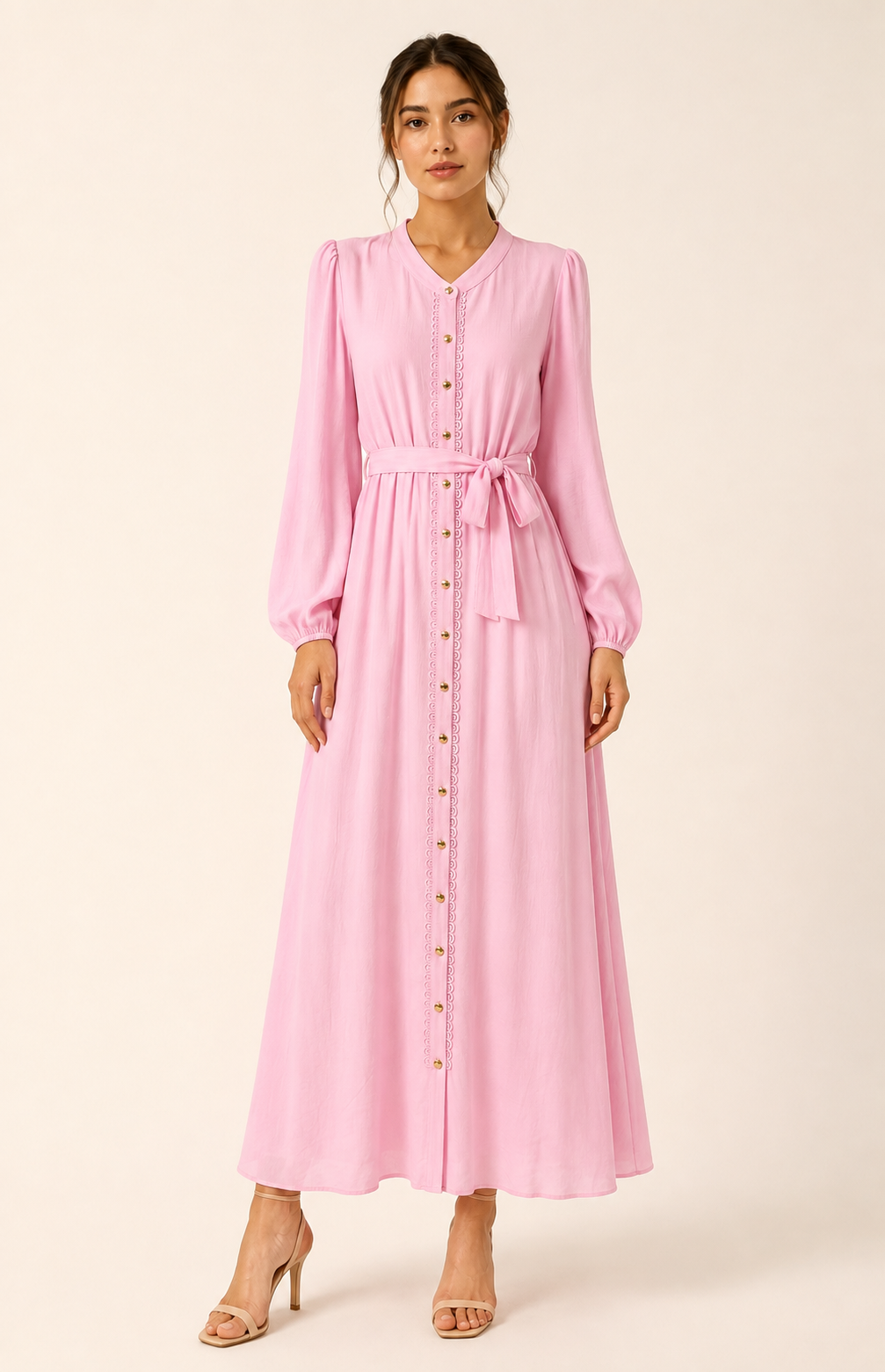 SOGNA 43250922-1 pink belted long-sleeve dress natural standing view