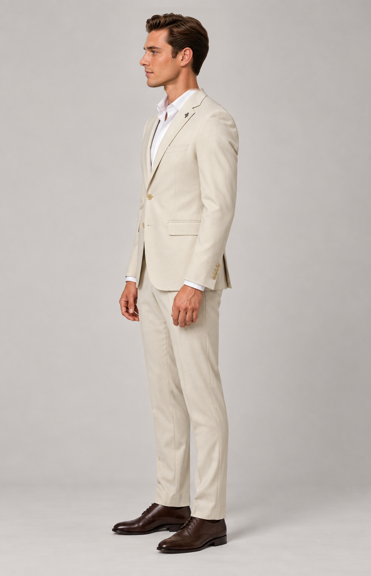 SOGNA style 8026 Oatmeal trousers, M01 side view. Trousers only; jacket and accessories are styling items.