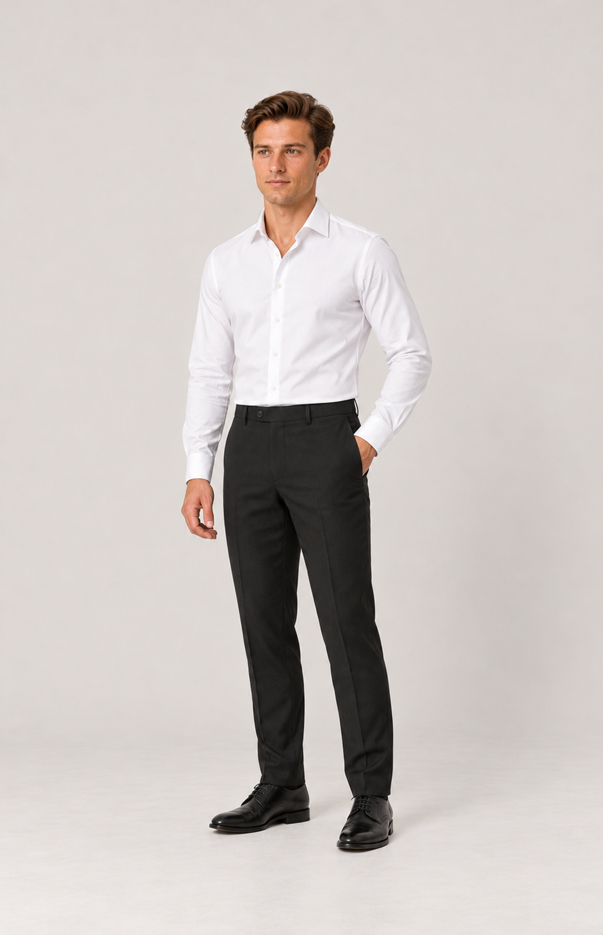 Three-quarter full-length model view of black 8228 fine-twill suit trousers.