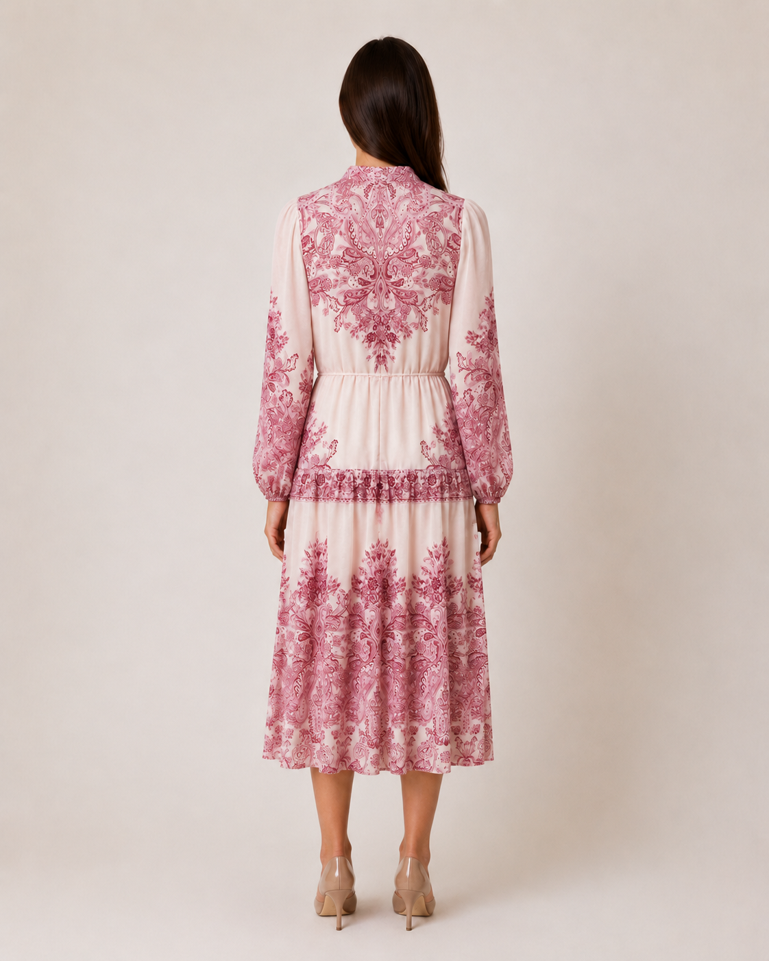 SOGNA CLO pink paisley 46-inch tiered midi dress back view