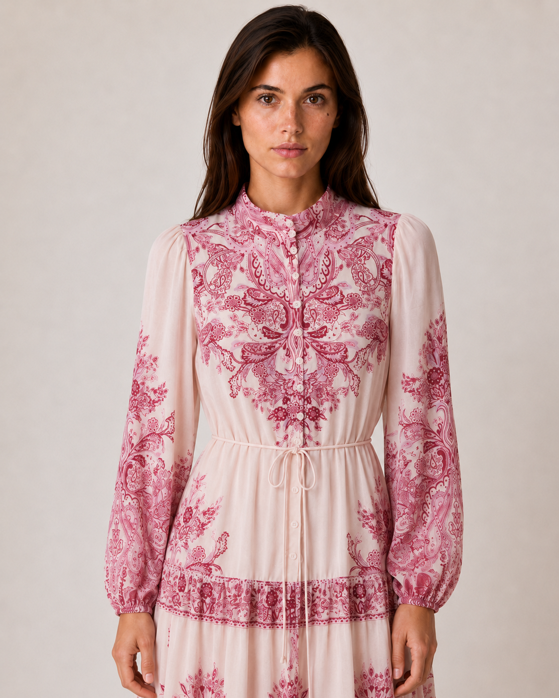 SOGNA CLO pink paisley tiered midi dress waist and construction detail