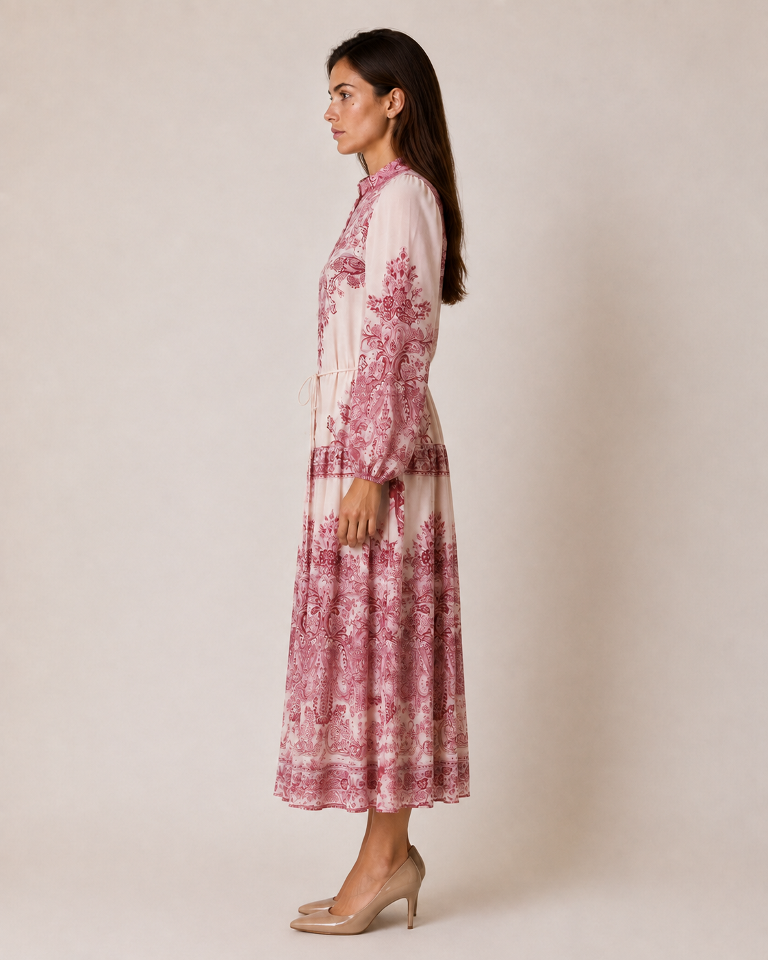 SOGNA CLO pink paisley 46-inch tiered midi dress side view