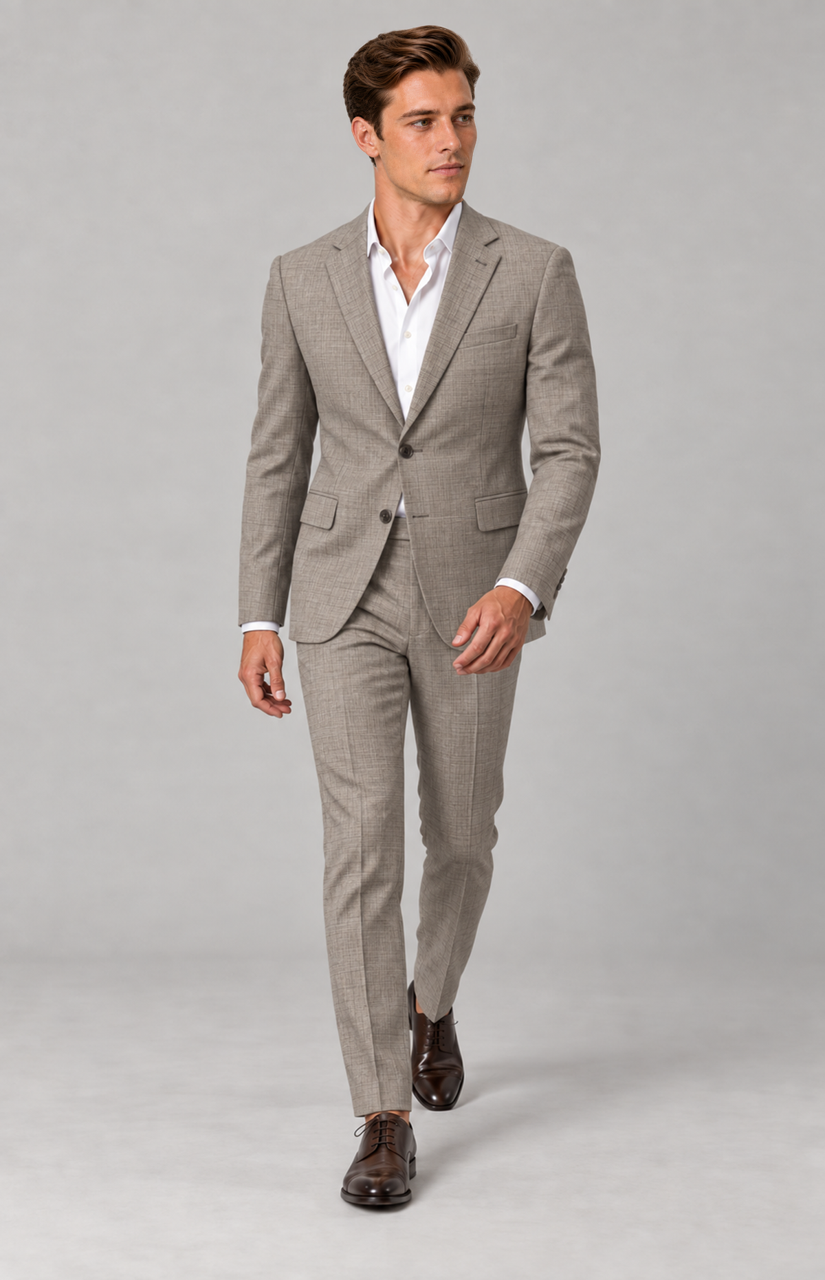 M01 wearing the beige 3368 checked suit, full-length walking view. Trousers only; other items are styling.