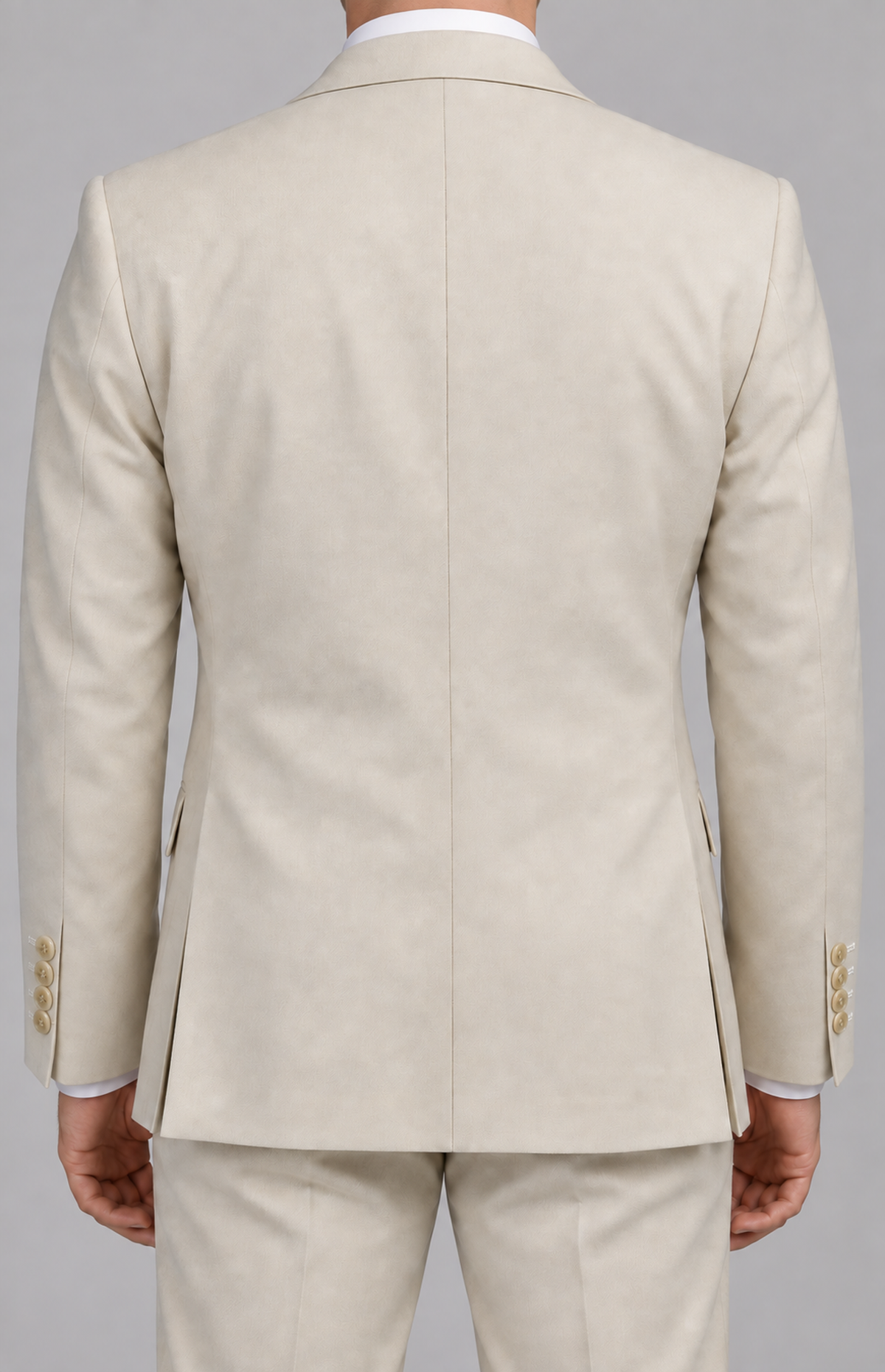 Back view of the Varce Italia Matteo oatmeal jacket, showing the centre seam and side vents.