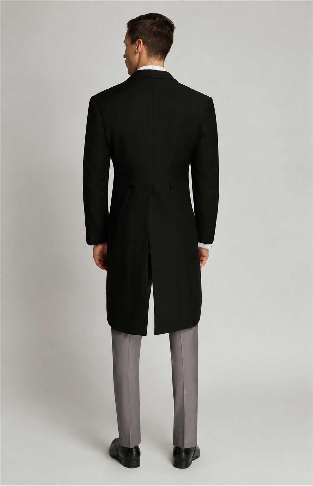 SOGNA men's black morning tails jacket 3209, rear view showing the long tails
