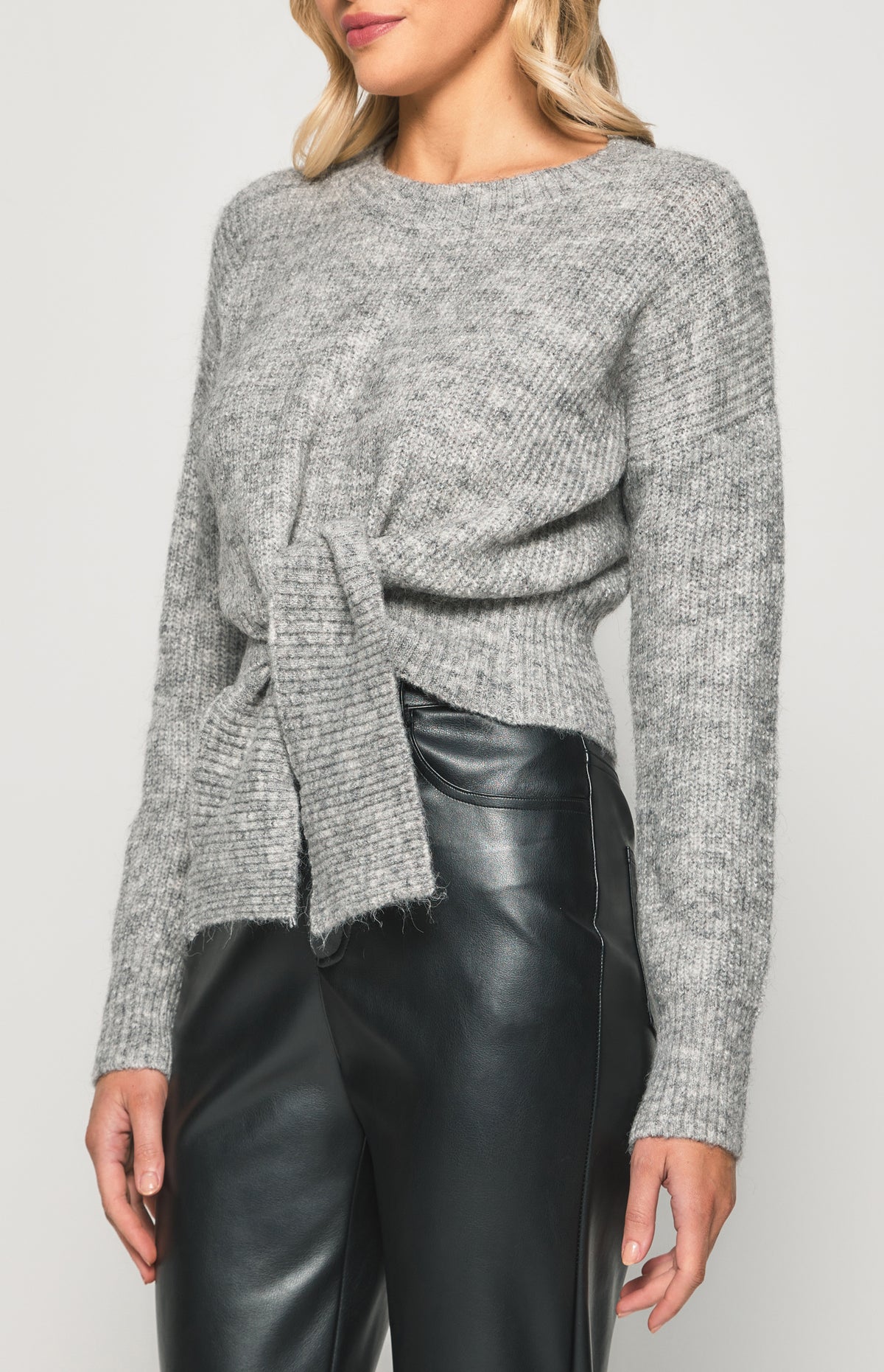 SOGNA belted round neck knit top SKN342 – Grey – alternate product view