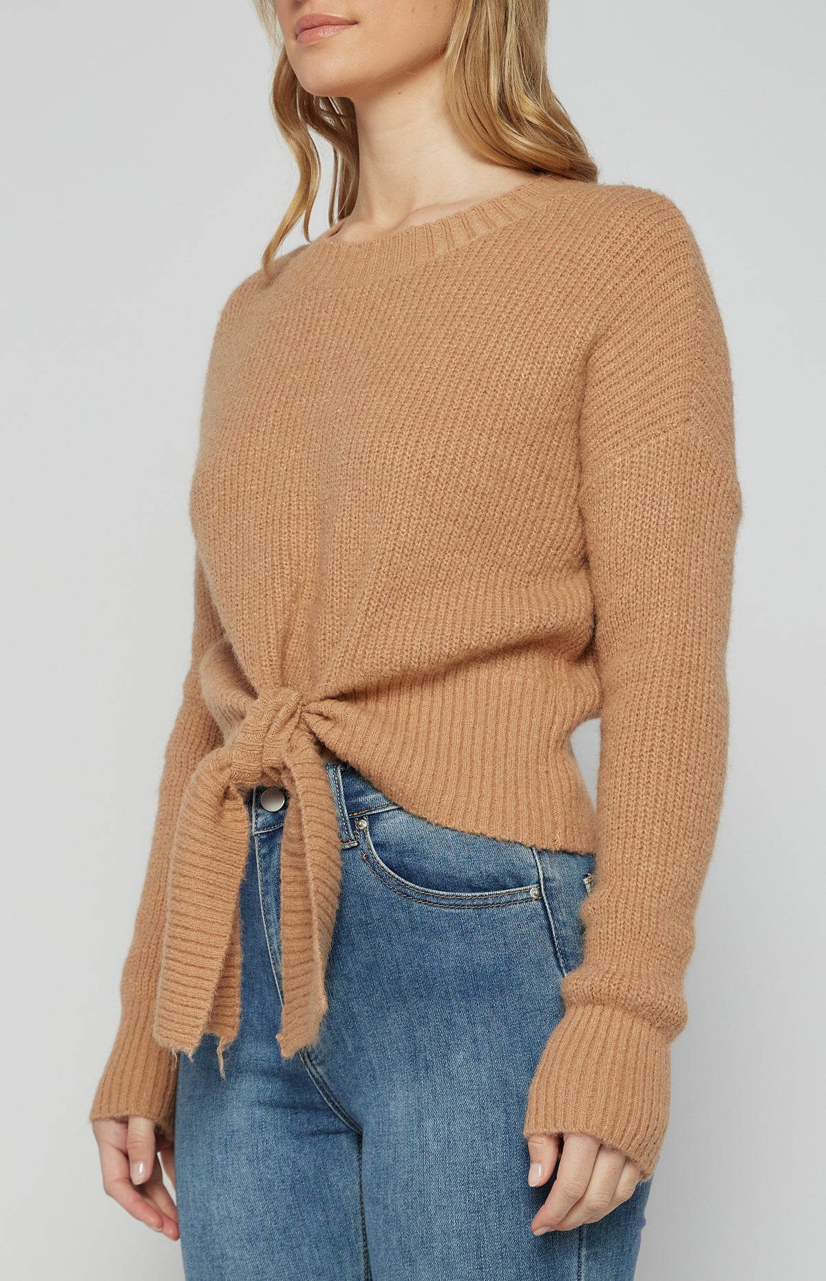 SOGNA belted round neck knit top SKN342 – Latte – alternate product view