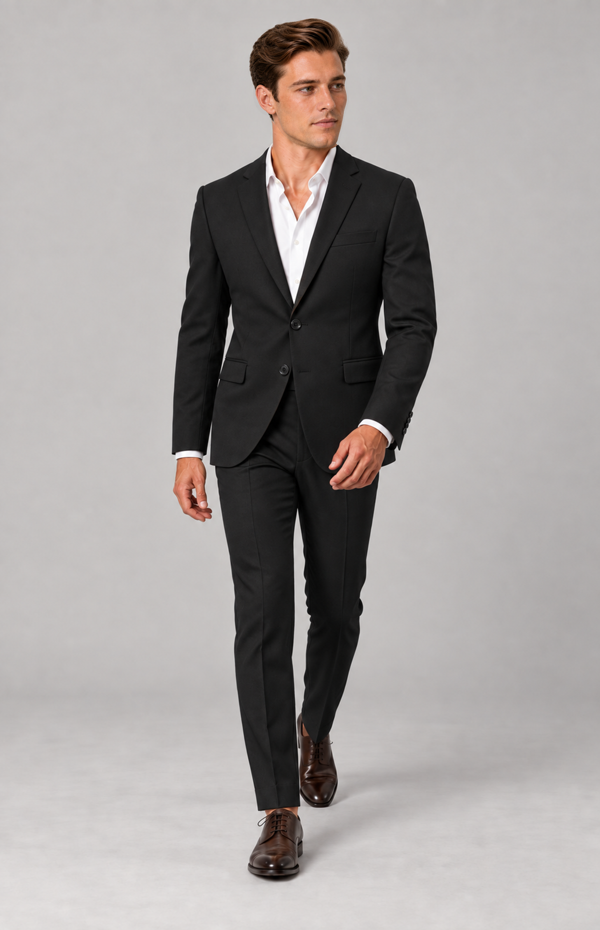 SOGNA Bellaggio James T128 black suit, M01 full-length walking view
