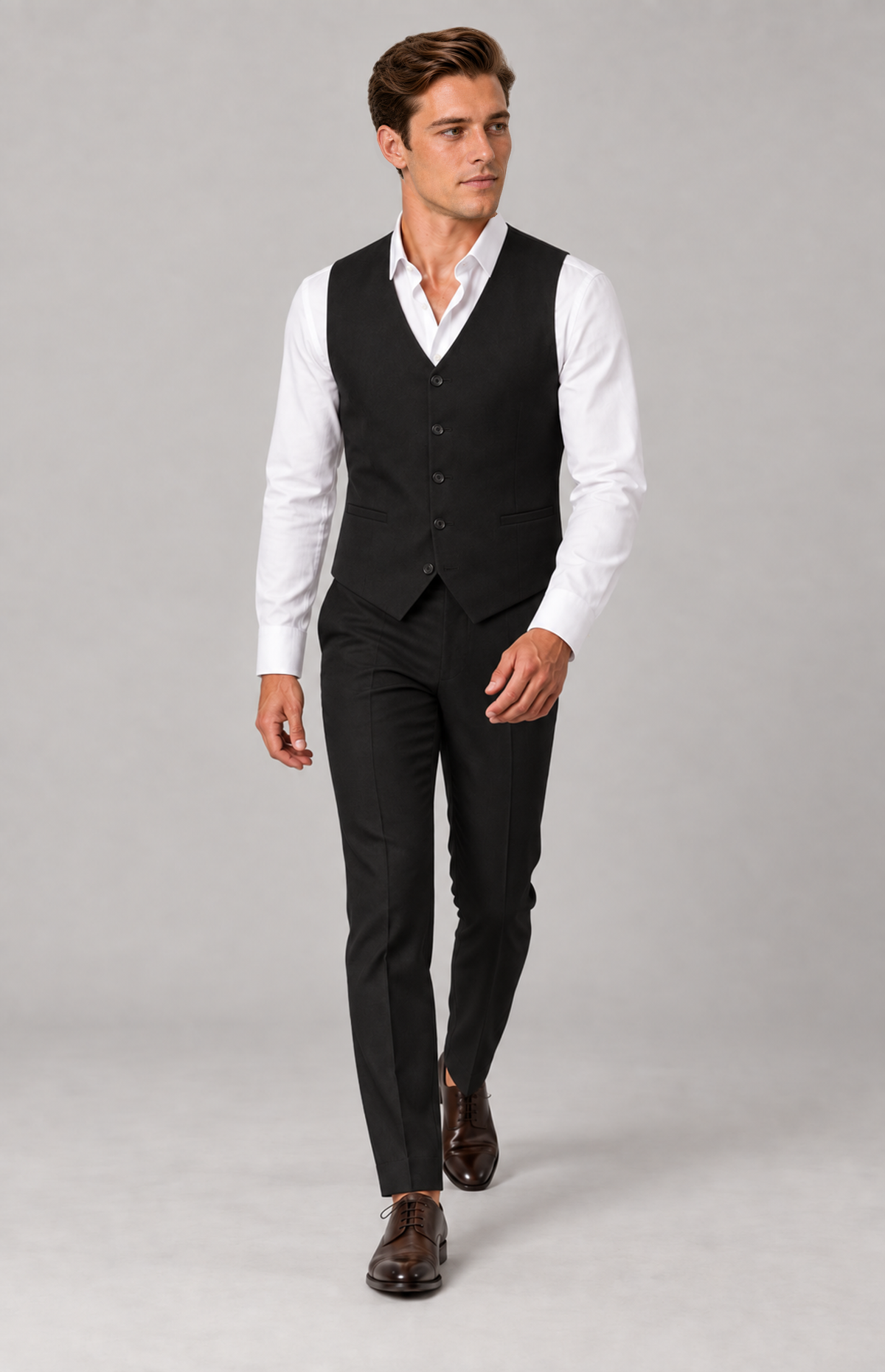 SOGNA Bellaggio James T128 black waistcoat, M01 full-length view. Waistcoat only; other items are styling.