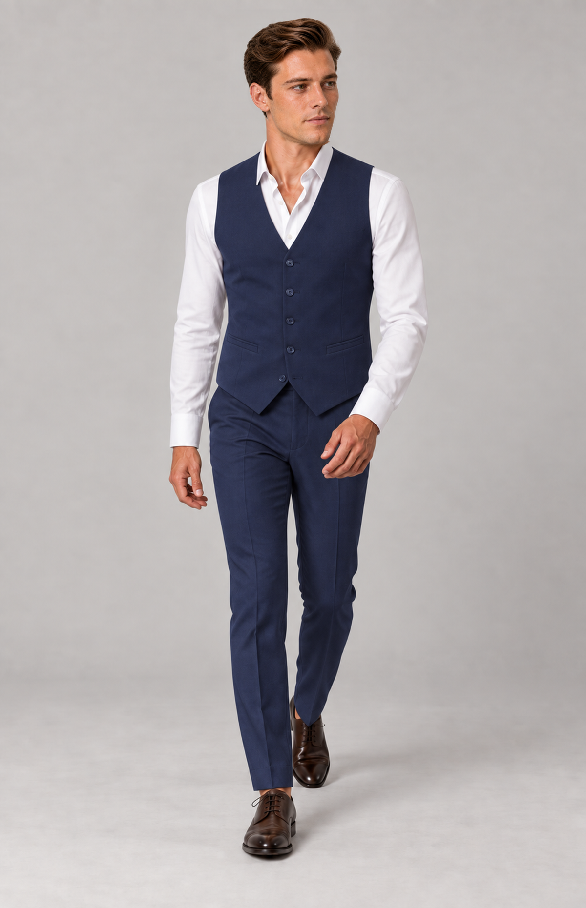 SOGNA Bellaggio James T128 blue waistcoat, M01 full-length view. Waistcoat only; other items are styling.