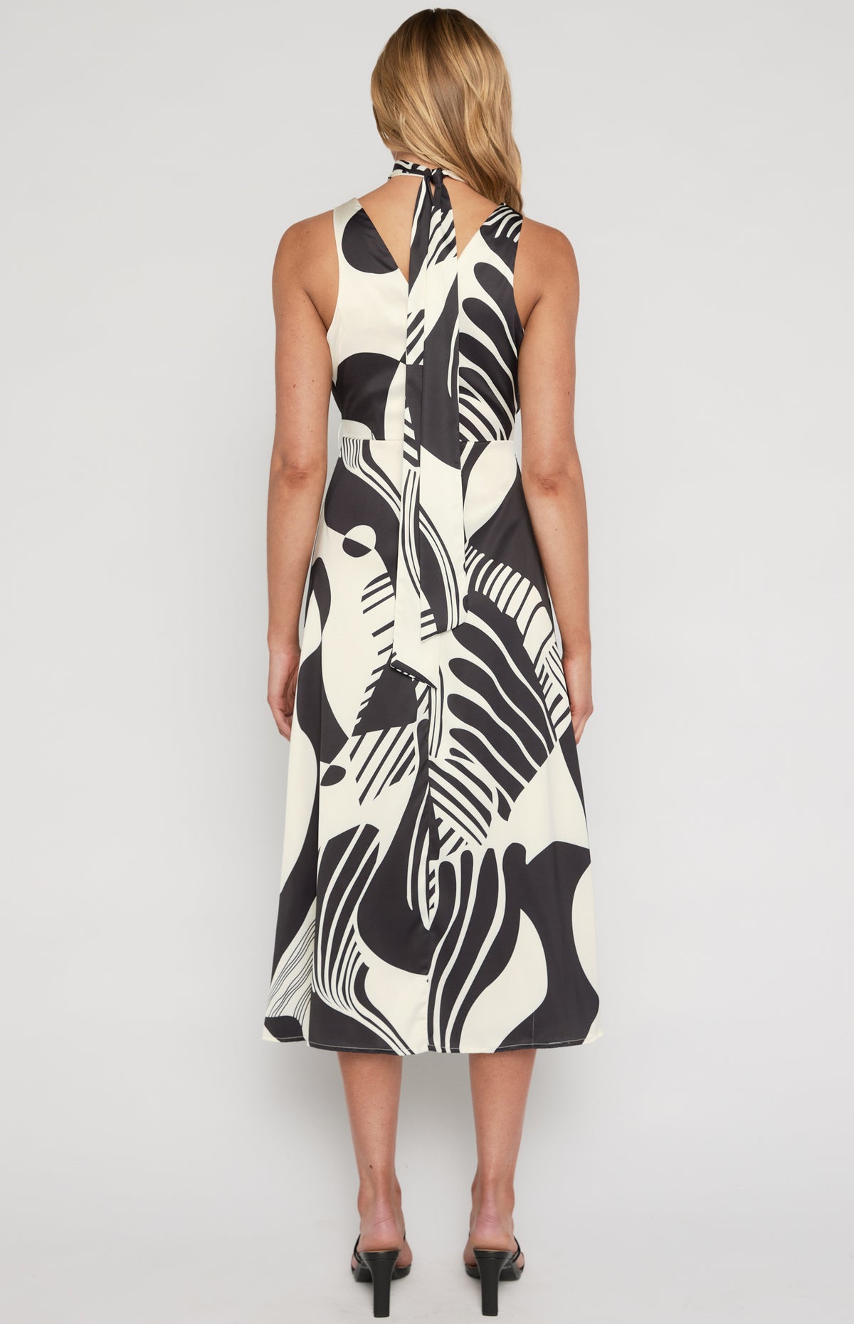 SOGNA Printed Satin Midi Dress with Scarf WDR639B – black – product detail or alternate view