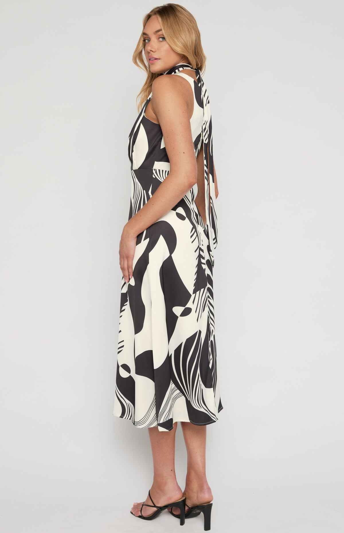 SOGNA Printed Satin Midi Dress with Scarf WDR639B – black – product detail or alternate view