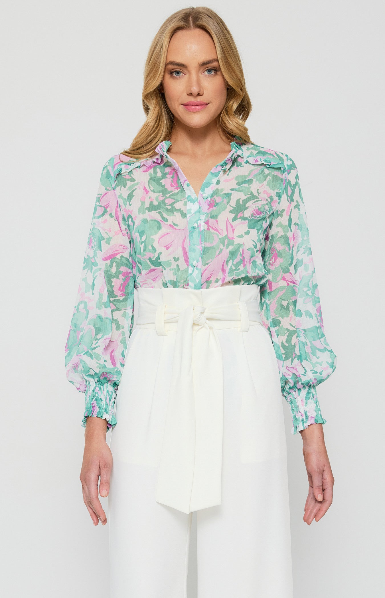 SOGNA COL Floral Printed Sheer Chiffon Shirt with Ruffle Details  STO654B