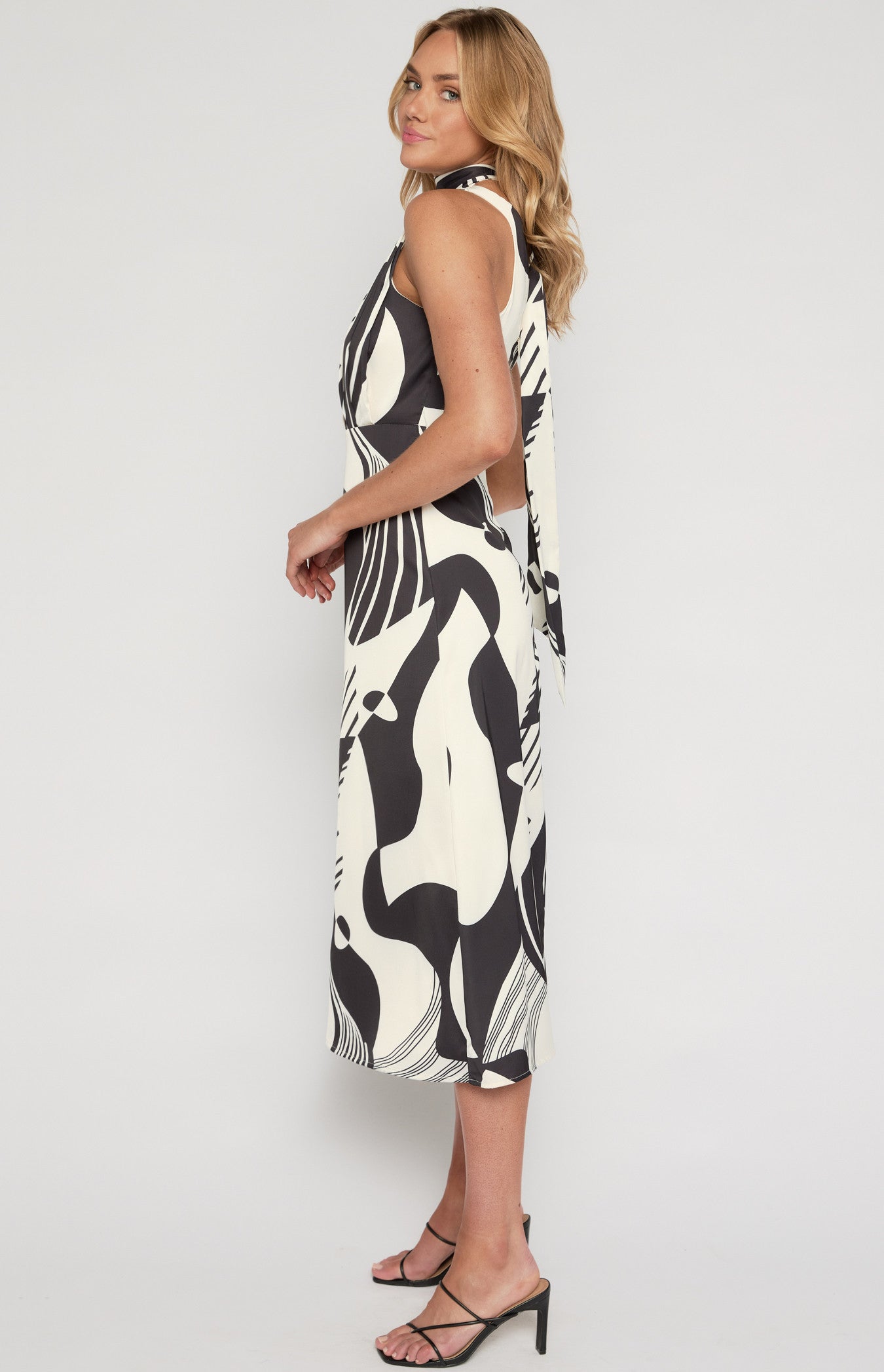 SOGNA COL Abstract Printed Satin Midi Dress with Scarf Feature WDR639B