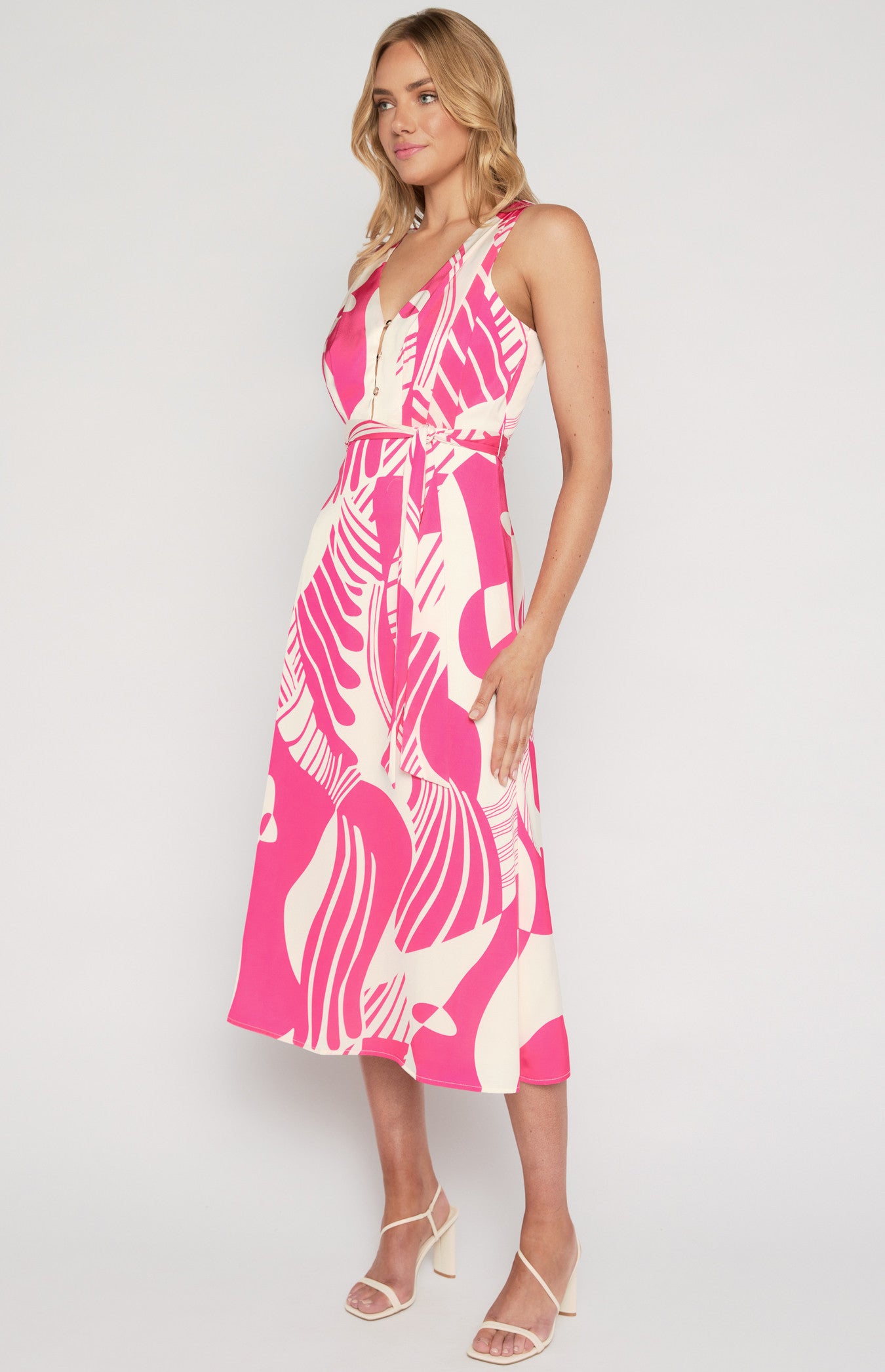 SOGNA COL Abstract Printed Satin Midi Dress with Scarf Feature WDR639B