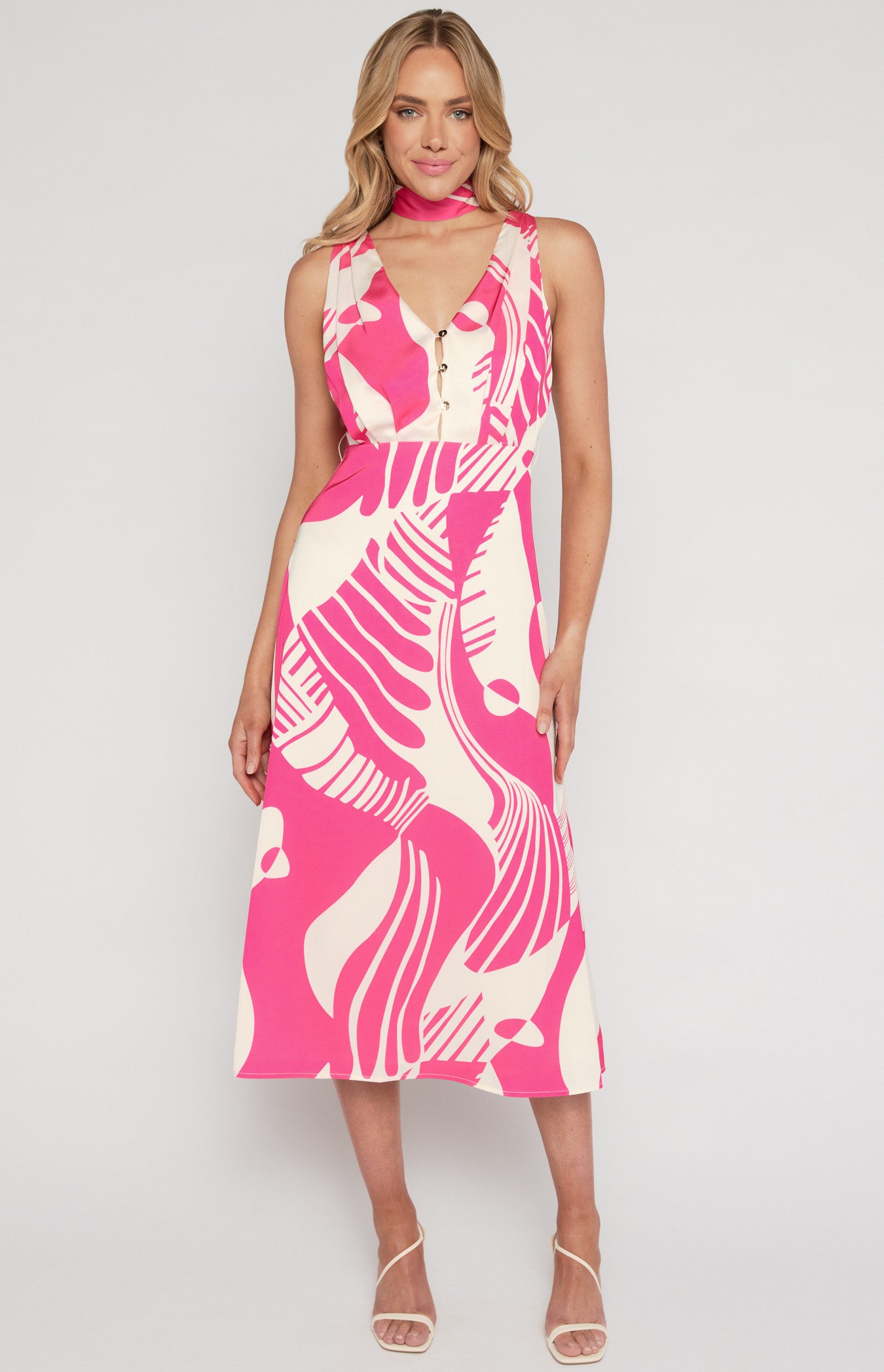 SOGNA COL Abstract Printed Satin Midi Dress with Scarf Feature WDR639B