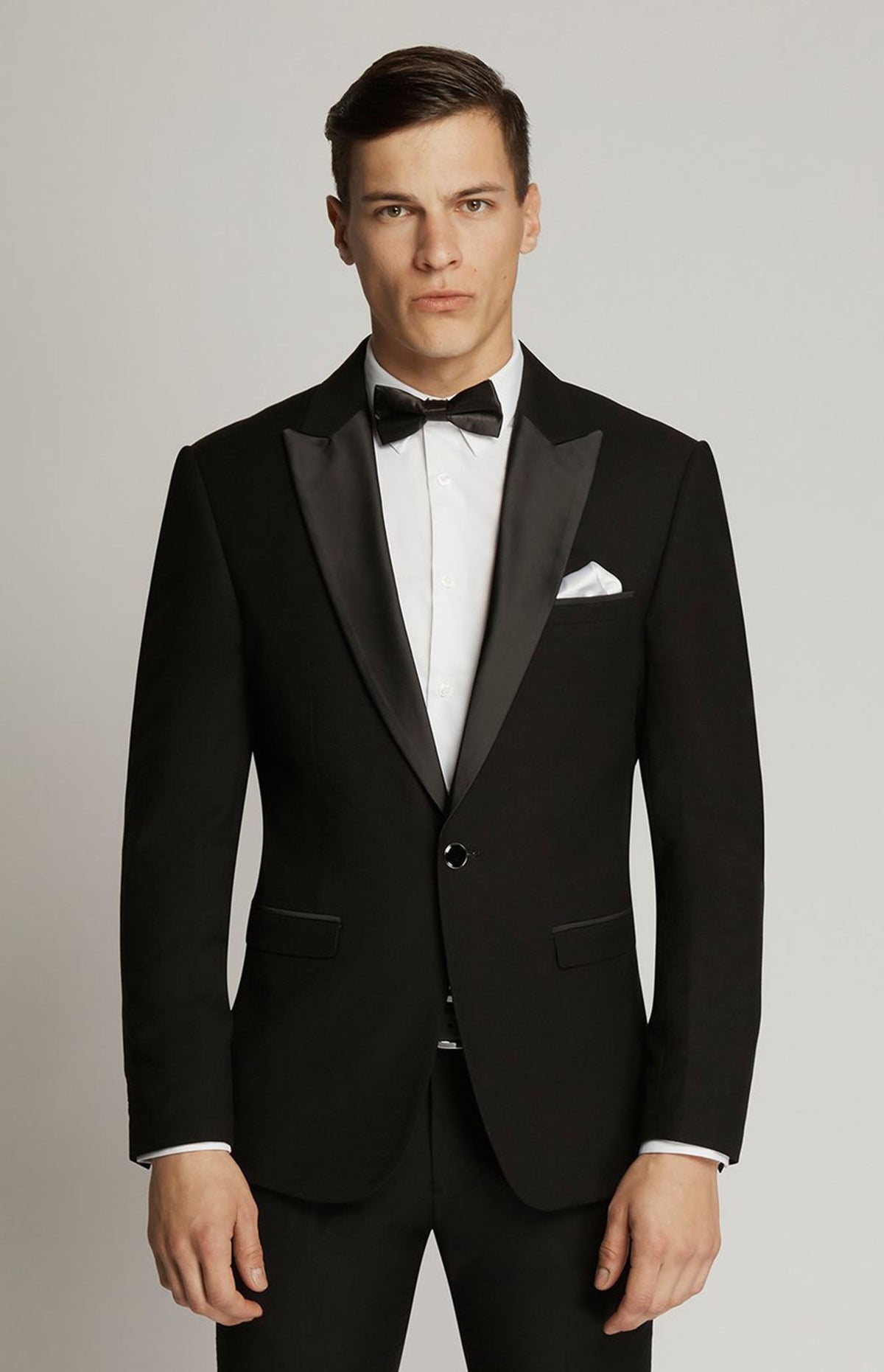 Black Satin-Lapel Dinner Jacket 1303 on model with white shirt and black bow tie, front view
