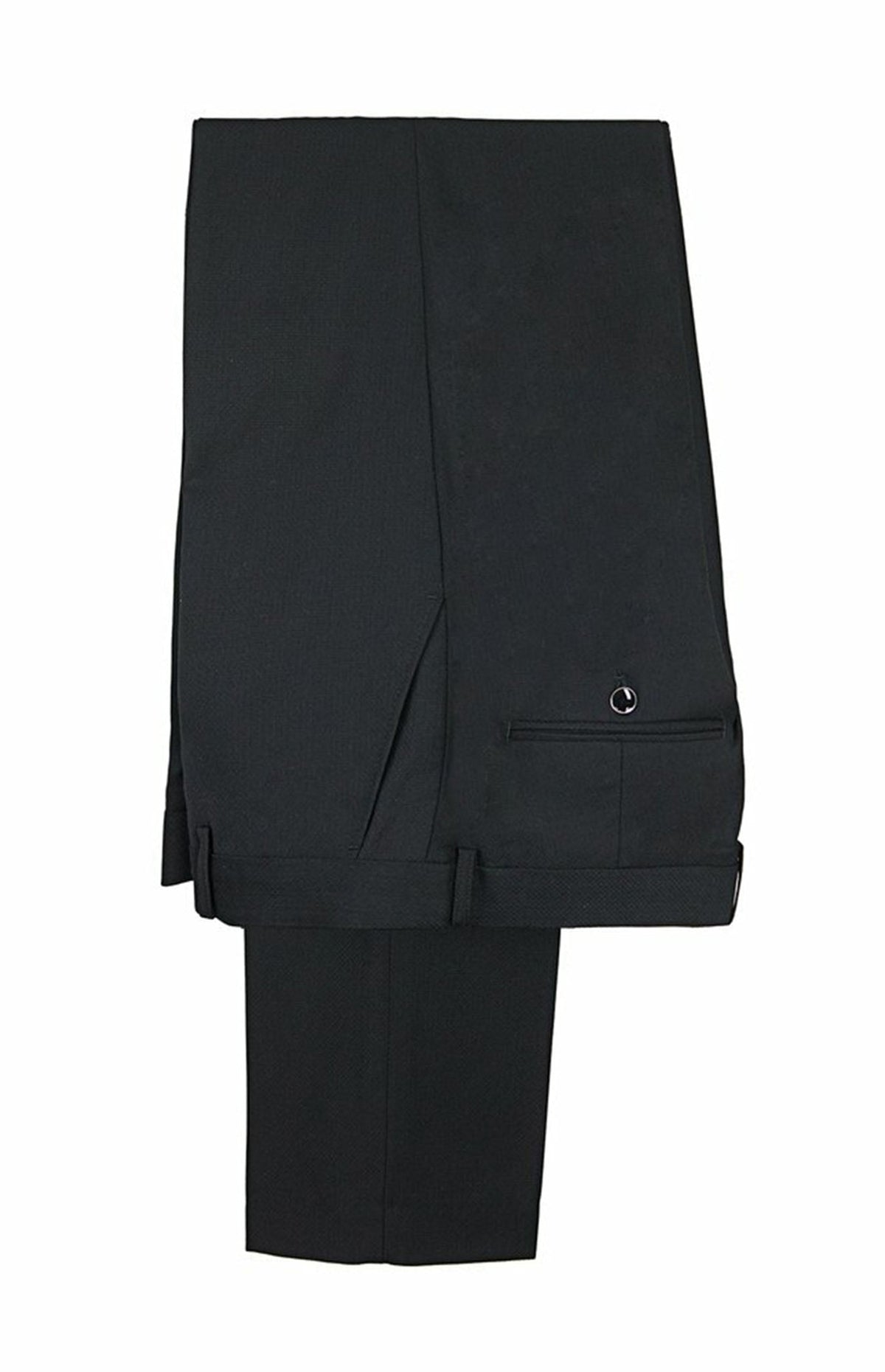 Folded black formal trousers styled with the Dinner Jacket 1303, flat lay