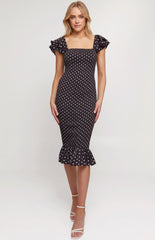 SOGNA COL Polka Dot Shirred Midi Dress with Layered SDR1297A