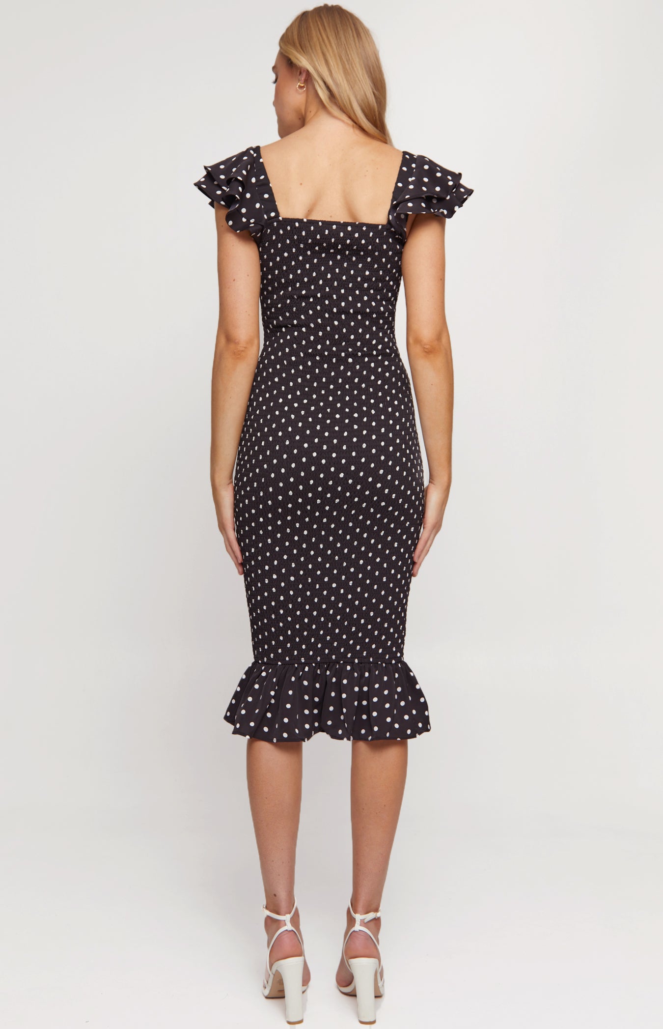 SOGNA COL Polka Dot Shirred Midi Dress with Layered SDR1297A