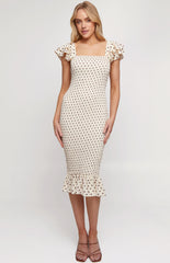 SOGNA COL Polka Dot Shirred Midi Dress with Layered SDR1297A