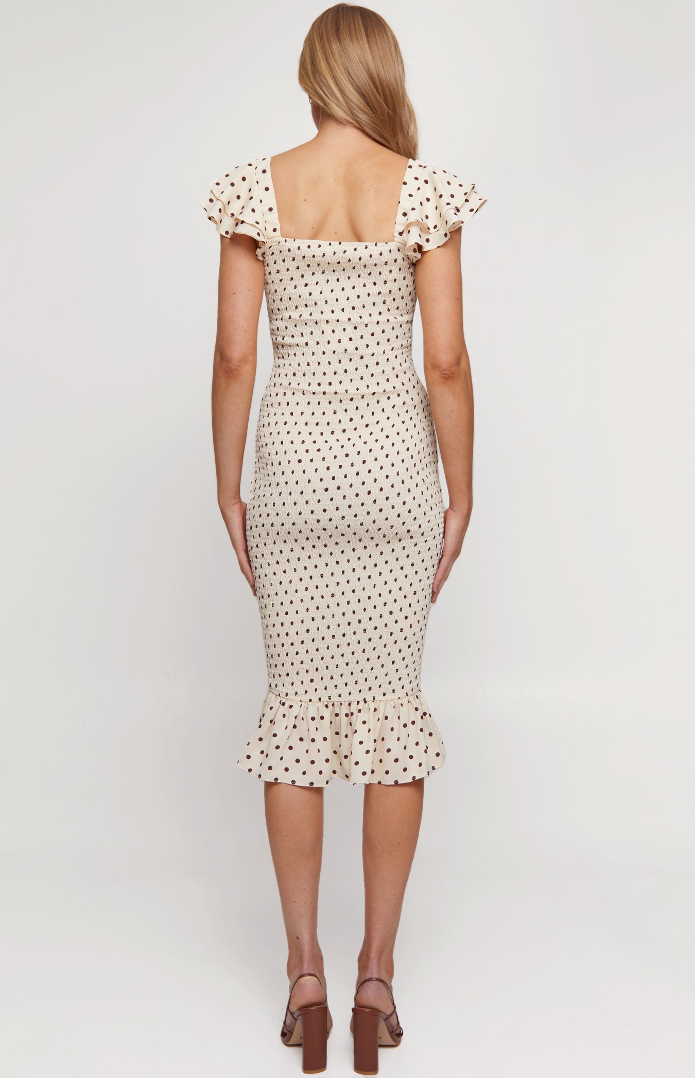 SOGNA COL Polka Dot Shirred Midi Dress with Layered SDR1297A