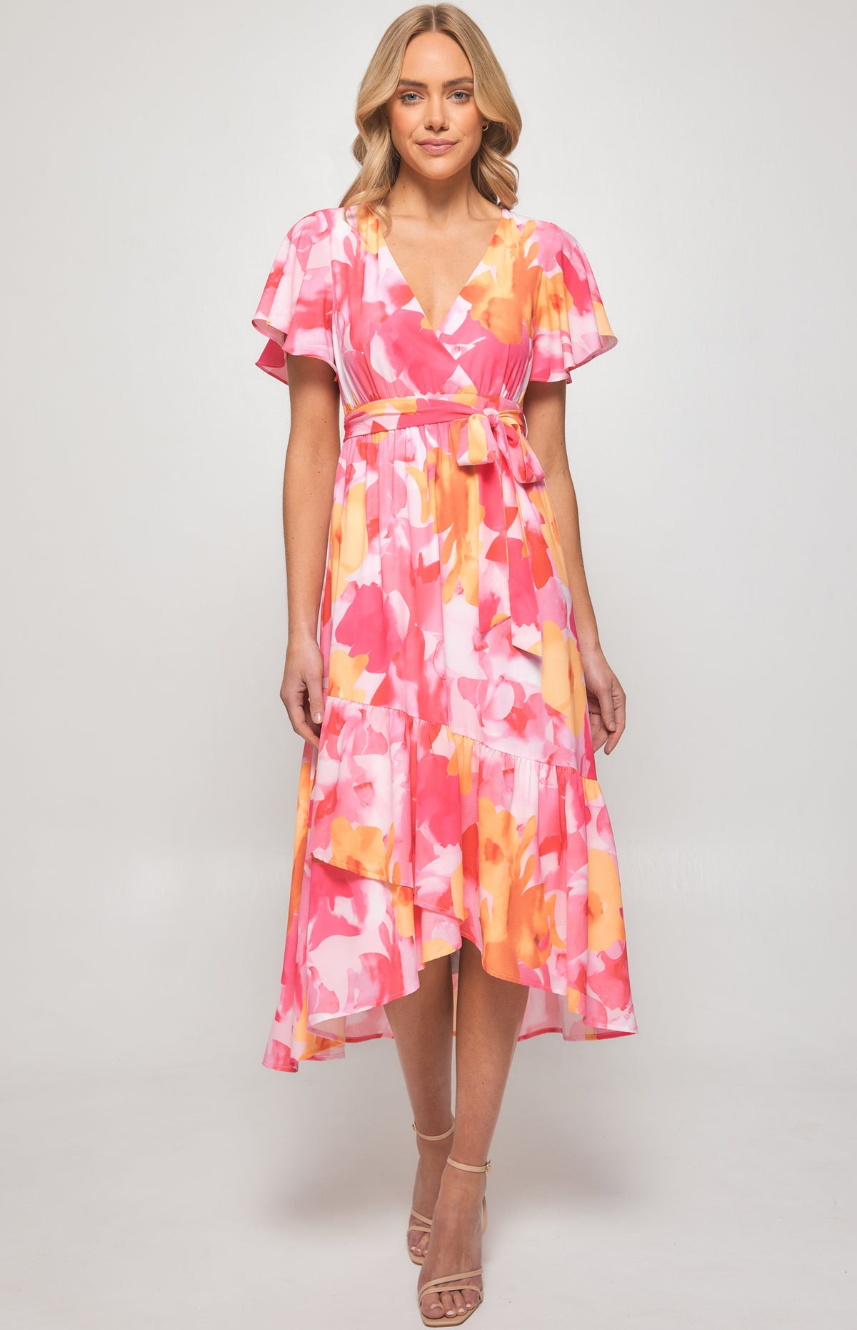 SOGNA COL Floral Print Midi Dress with Asymmetrical Hem SDR1300B