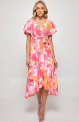 SOGNA COL Floral Print Midi Dress with Asymmetrical Hem SDR1300B