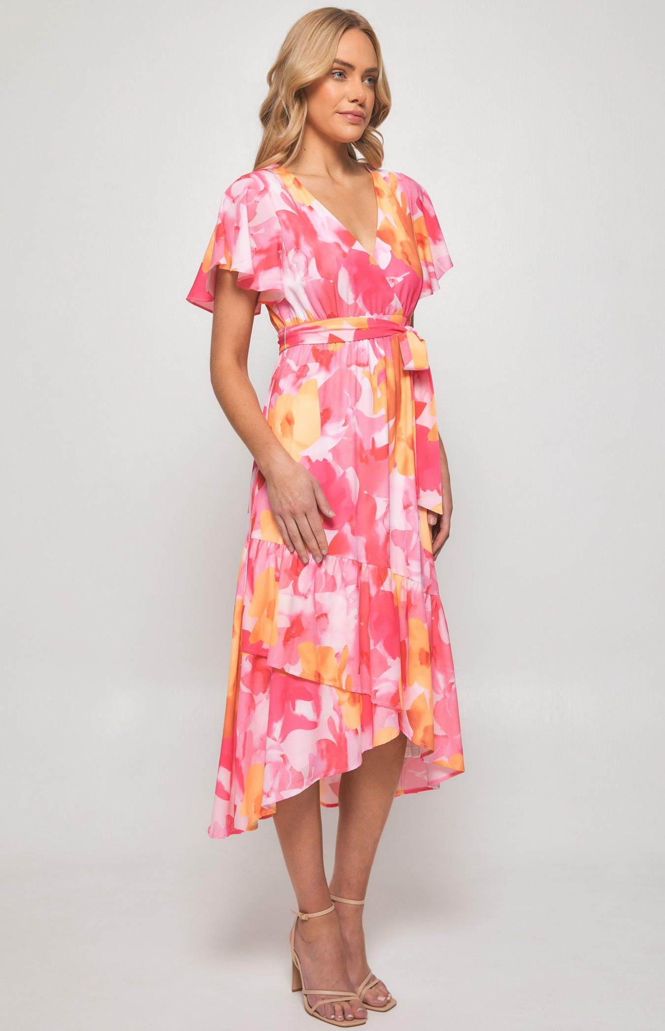 SOGNA COL Floral Print Midi Dress with Asymmetrical Hem SDR1300B