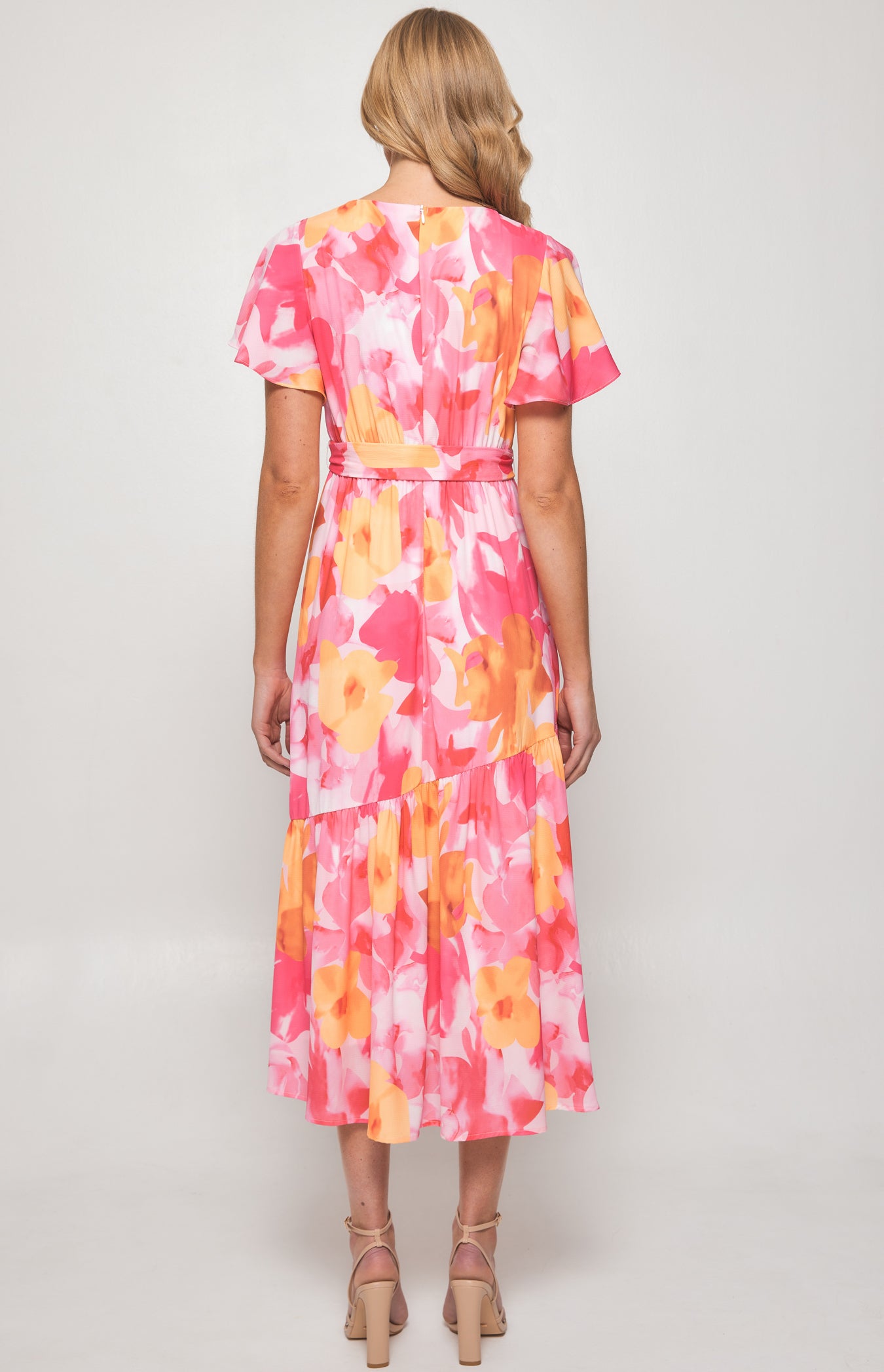 SOGNA COL Floral Print Midi Dress with Asymmetrical Hem SDR1300B