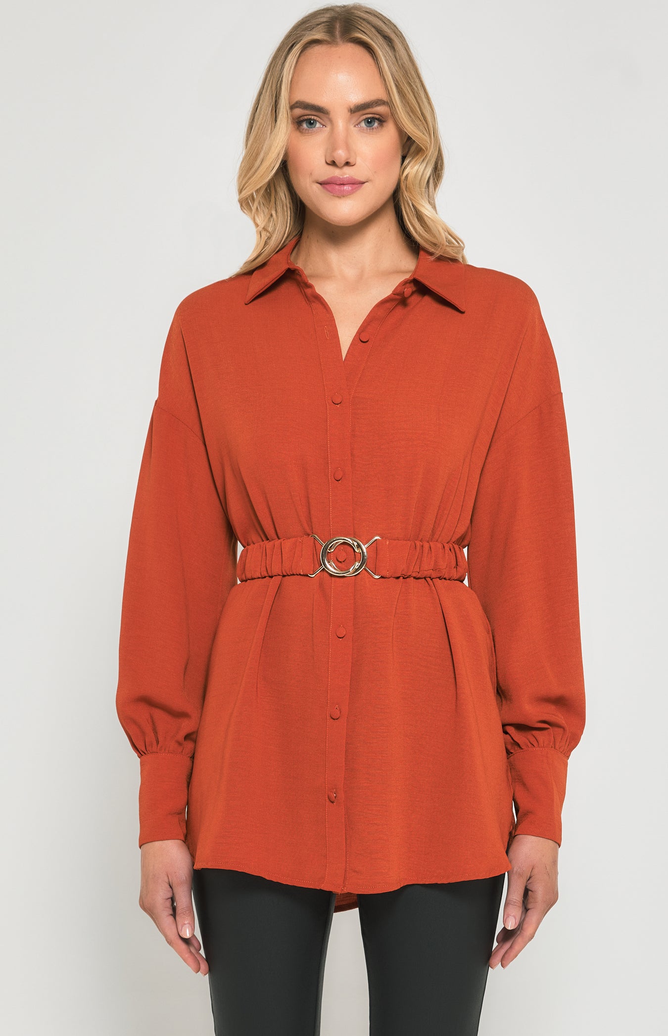 SOGNA COL Textured Fabric Shirt Dress with Metal Buckle Detail  STO632B