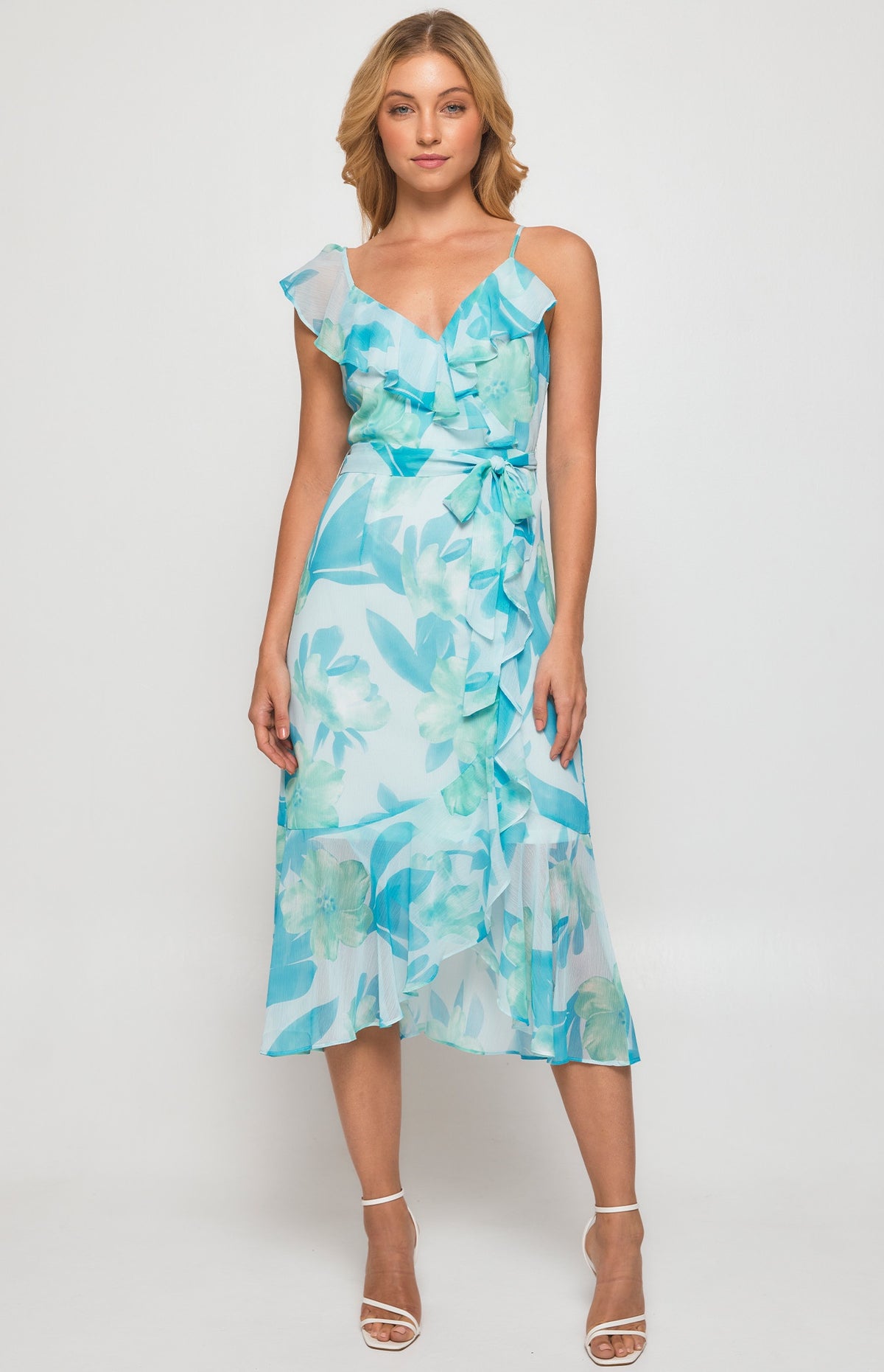 SOGNA COL Floral Asymmetric Frill Neckline Midi Dress  SDR1344B