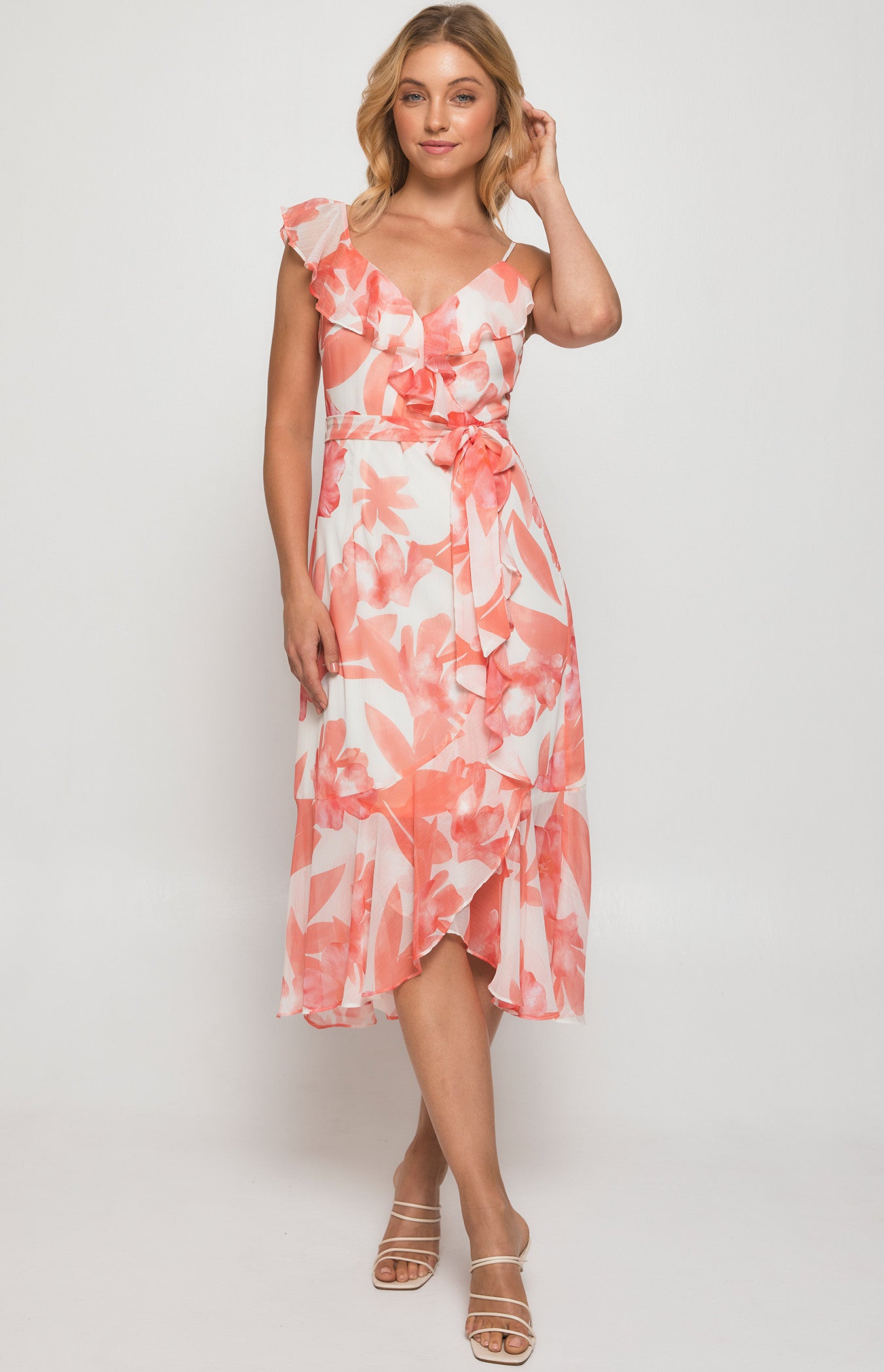 SOGNA COL Floral Asymmetric Frill Neckline Midi Dress  SDR1344B