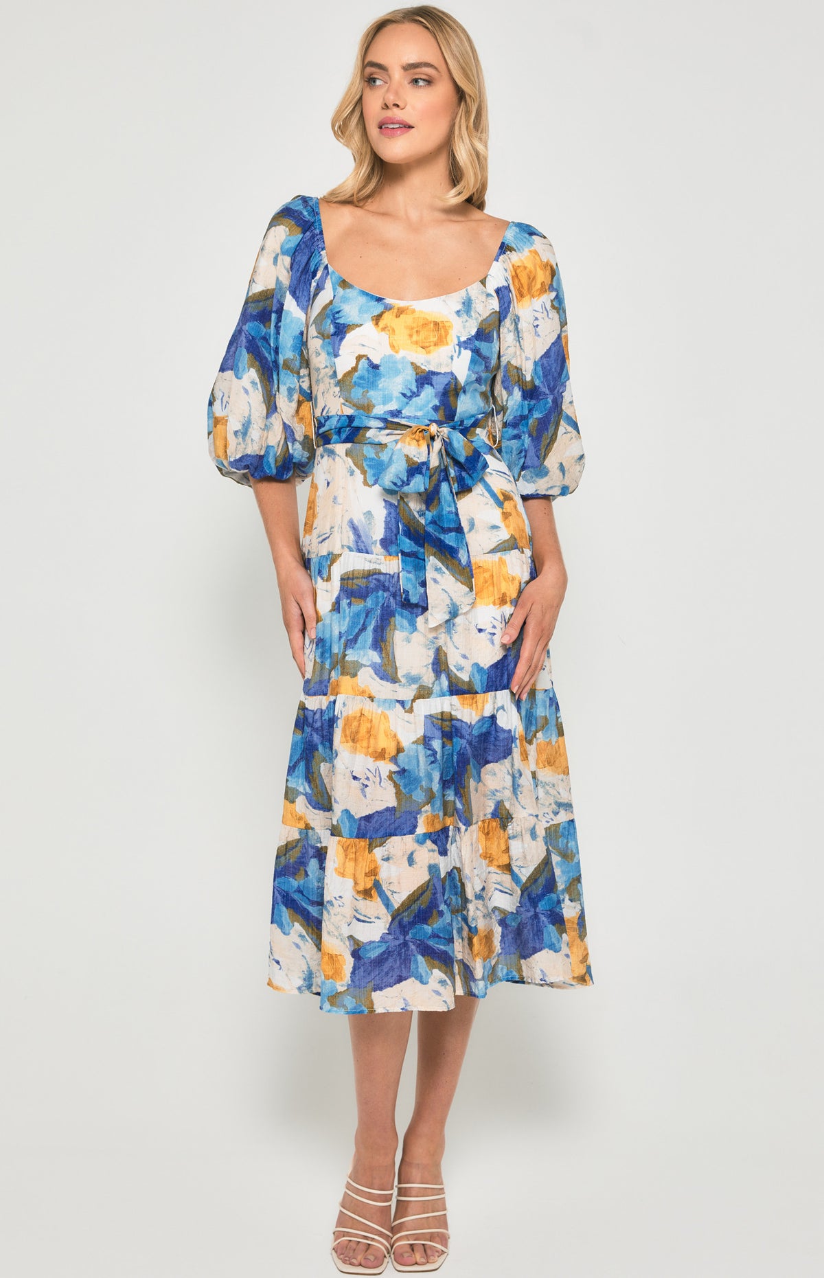SOGNA Floral Scoop Neck Midi Dress SDR1355B – Blue Yellow – product view