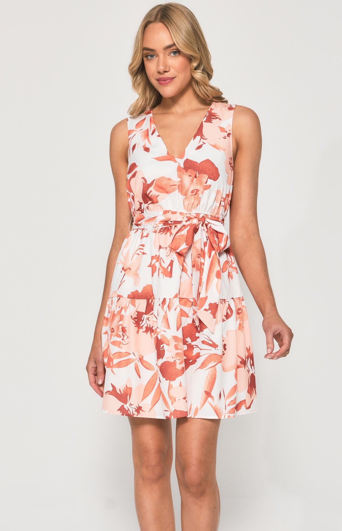 SOGNA COL Abstract Floral V Neck Dress with Belt  SDR1356A