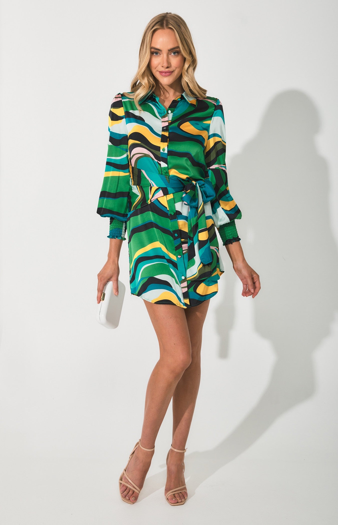 SOGNA COL Abstract Print Satin Shirt Dress with Tie Detail SDR1378B