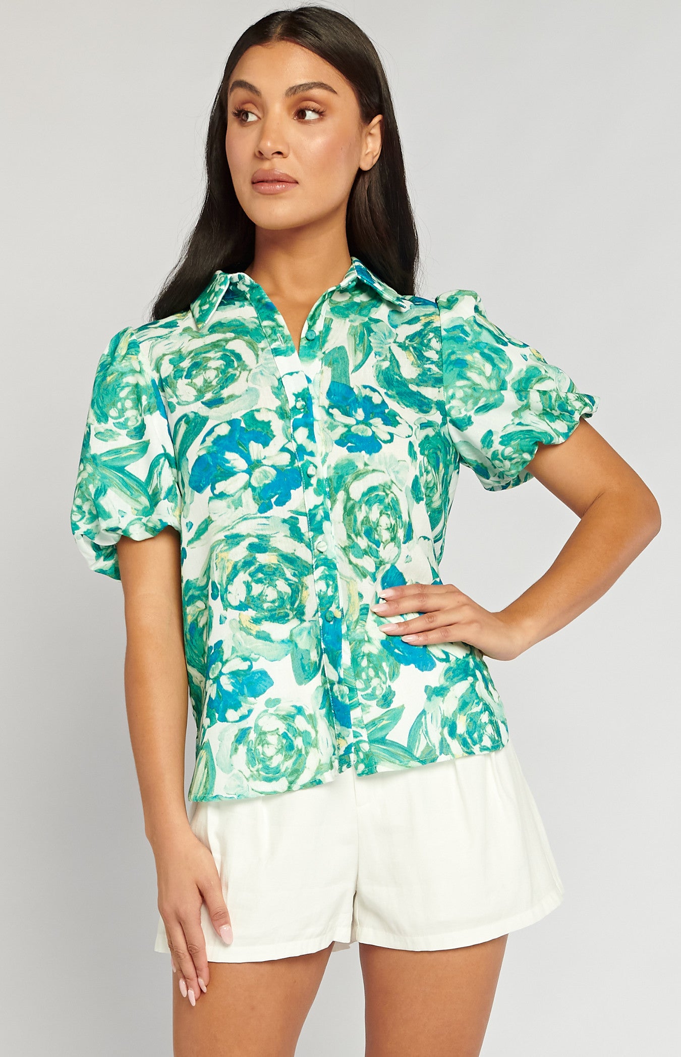 Floral Printed Sheer Chiffon Shirt with Ruffle Details (STO654B)