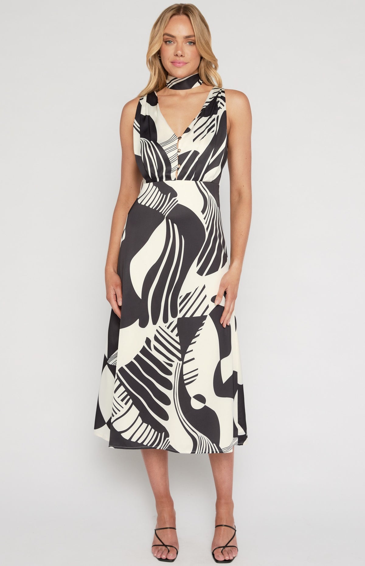 SOGNA Printed Satin Midi Dress with Scarf WDR639B – black – product view