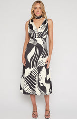 SOGNA COL Abstract Printed Satin Midi Dress with Scarf Feature WDR639B